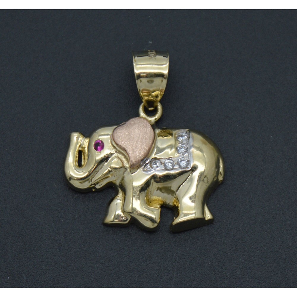 Real 10K Solid Tri-Color Gold Shiny Pink Eyes Elephant CZ Charm Pendant 2.7grams